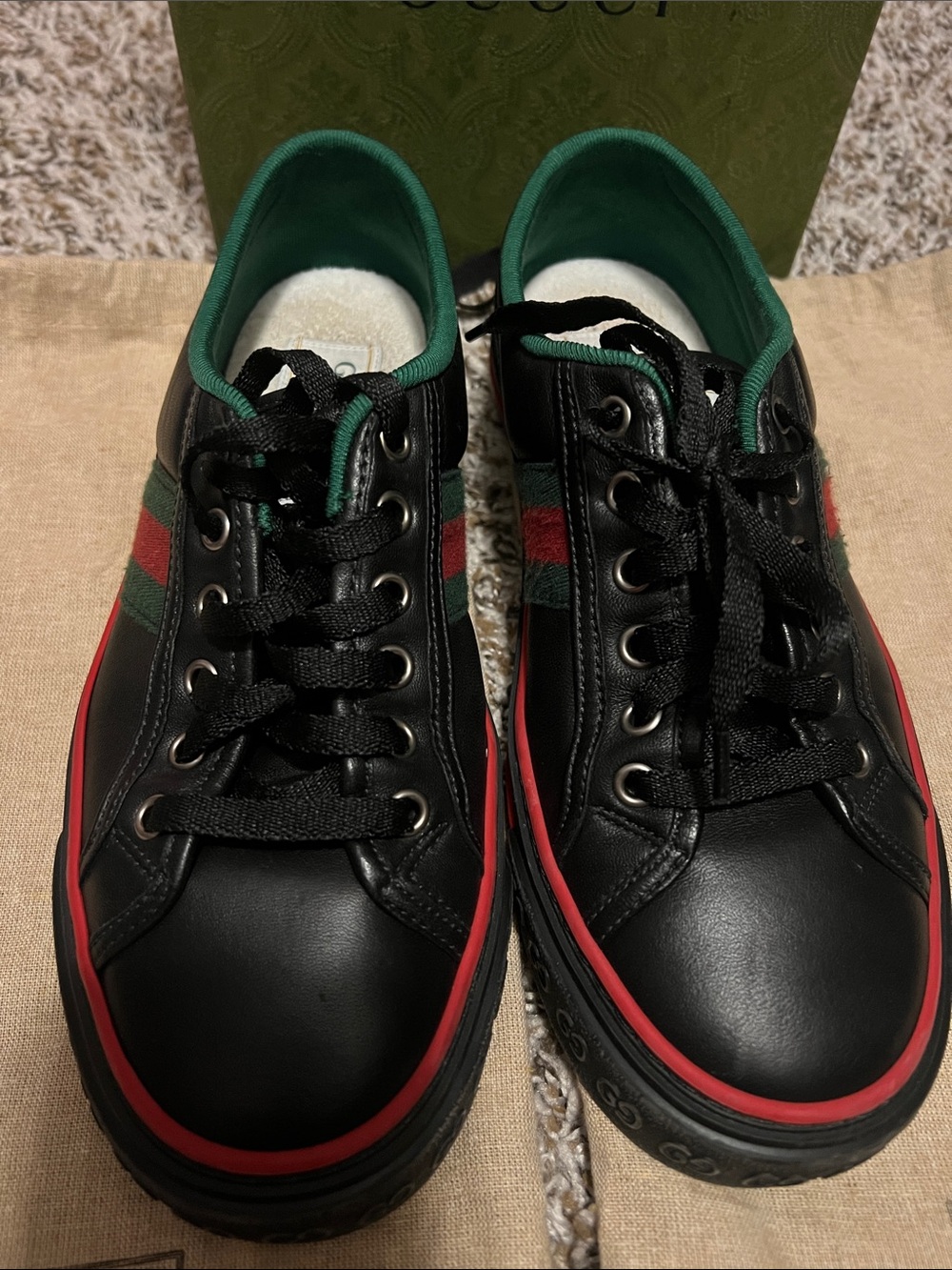 Gucci  Black Leather Sneakers with Red Trim & Green Stripe - Picture 2 of 7
